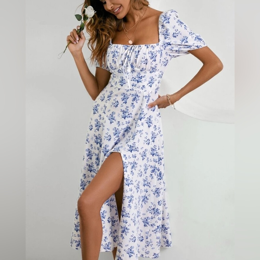 Midi blue and white off the shoulder floral dress with leg slit